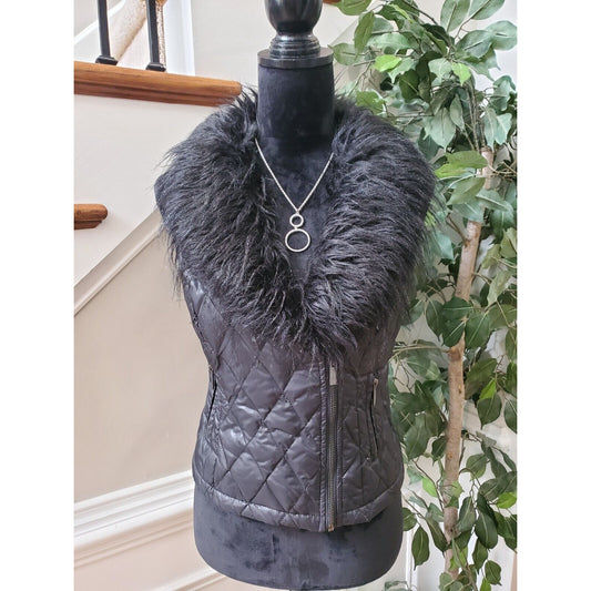 Cache Womens Black Fur 100% Nylon Sleeveless Full Zipper Casual Vest Size Small