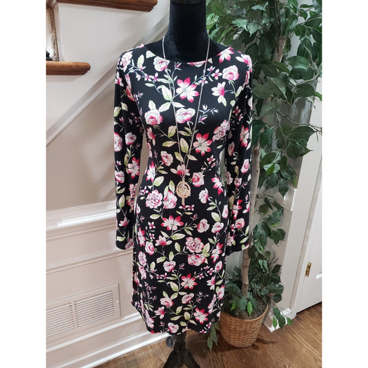 J. Jill Women Black Floral Rayon Round Neck Long Sleeve Knee Length Dress Medium