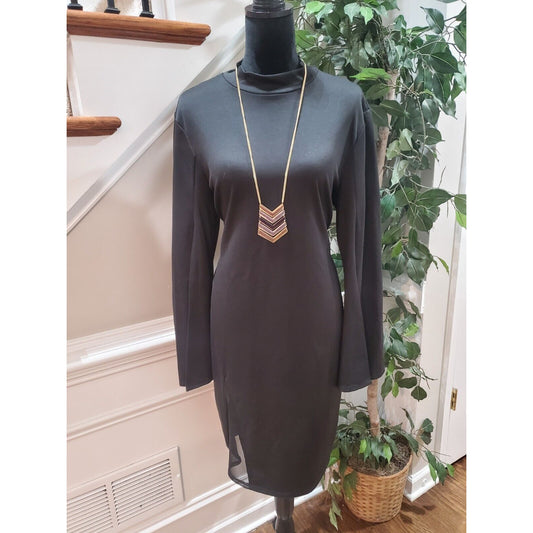 auum Women Black Solid Polyester Mock Neck Long Sleeve Knee Length Dress Size XL