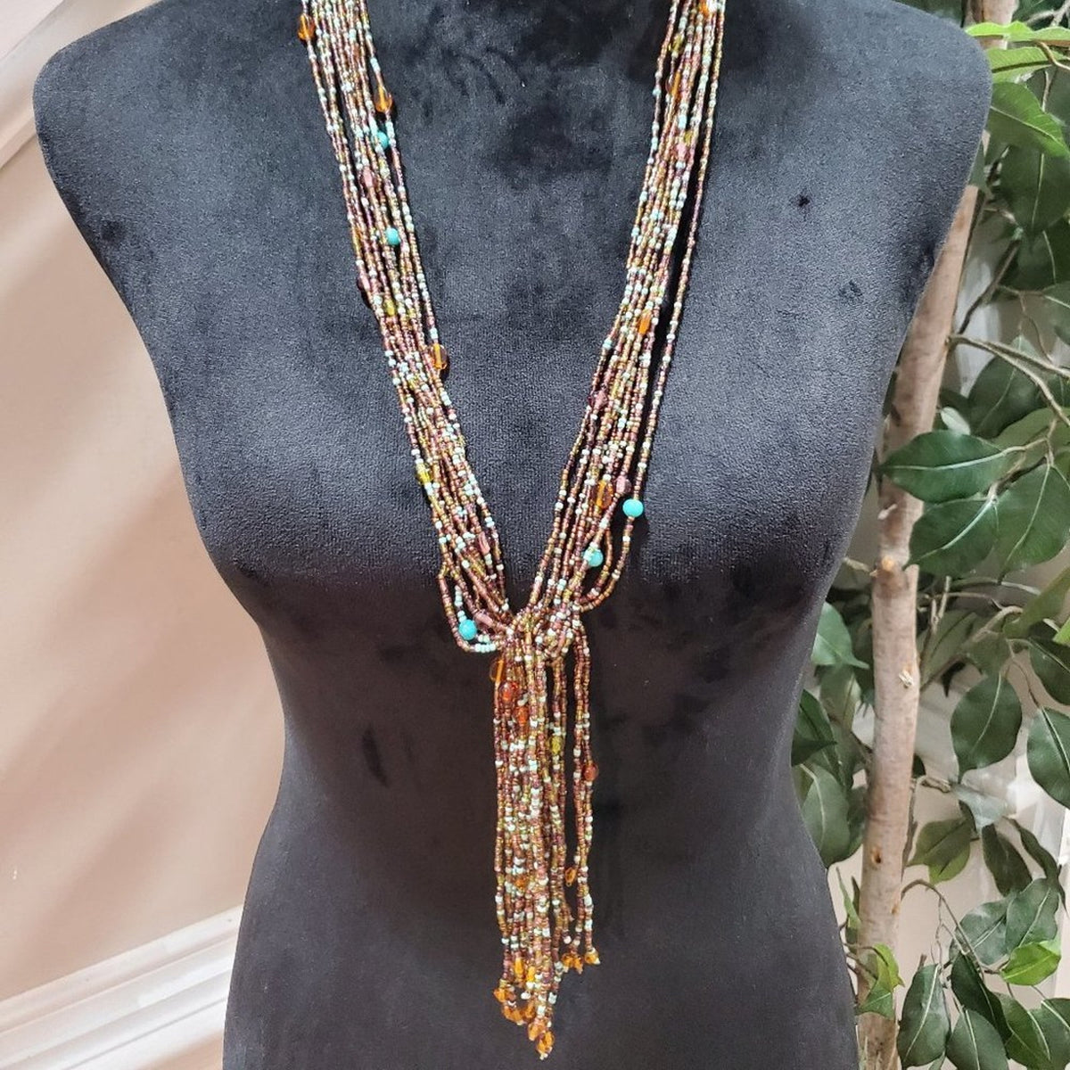Women's Brown & Blue Multilayer Round Beaded Jewelry Necklace