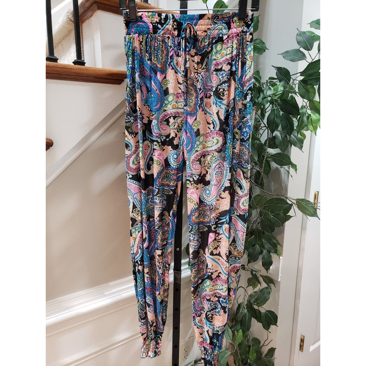 Womens Multi Paisley Pockets Elastic Waist Drawstring Casual Jogger Pants Small