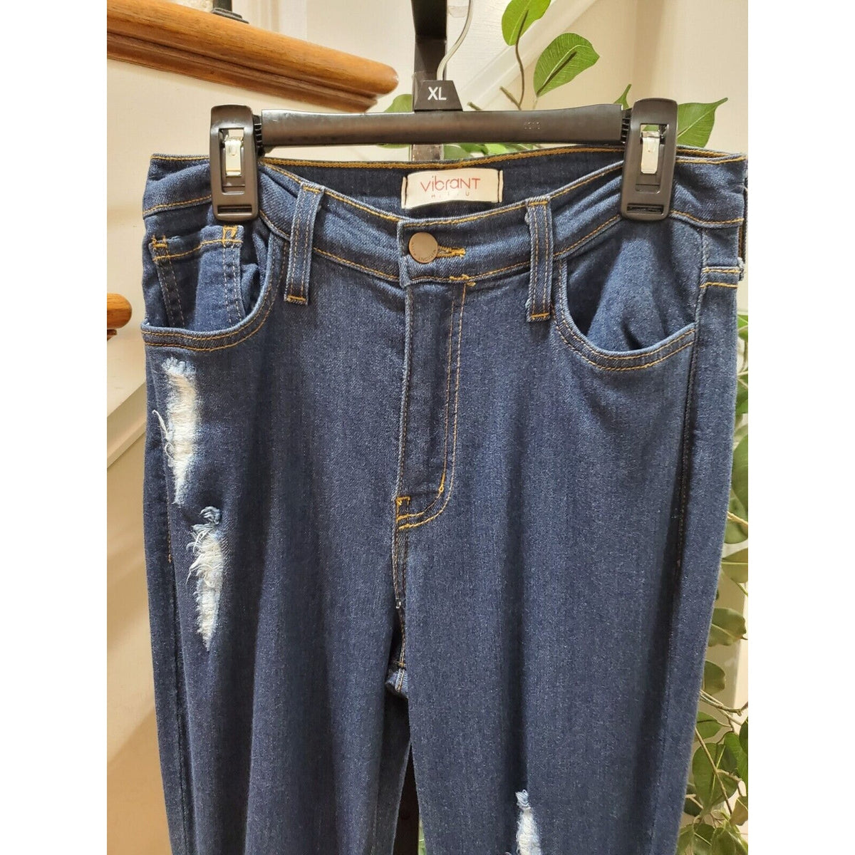 Vibrant Womens Stacked Blue Denim Rayon Distressed Pockets Pull On Jeans Large