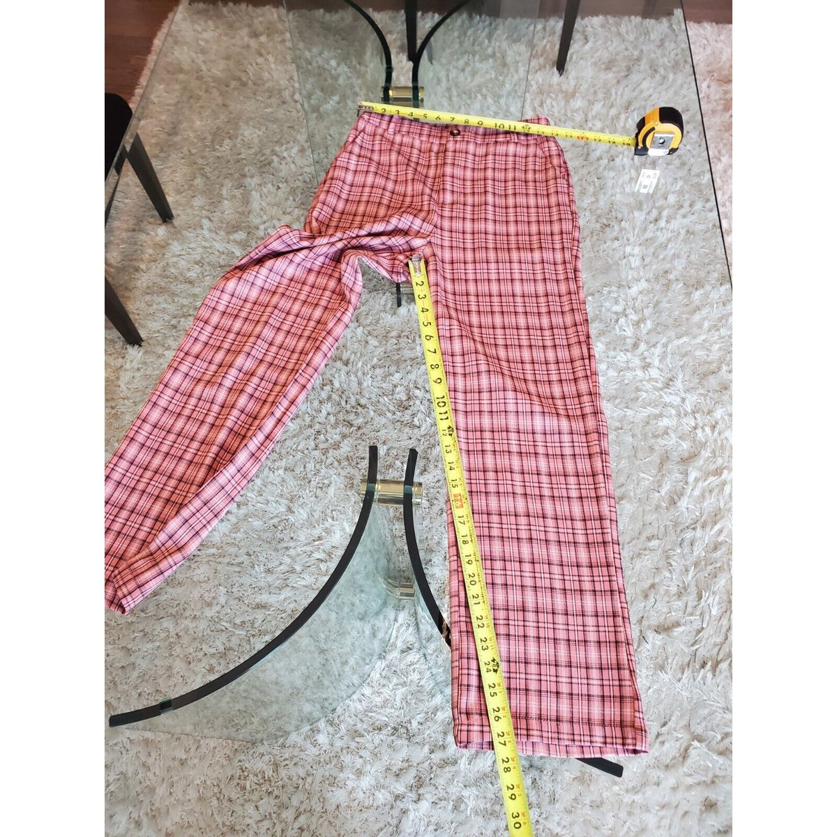 SheIn Womens Pink Plaid Polyester Slash Pockets Casual Straight Leg Pants Small