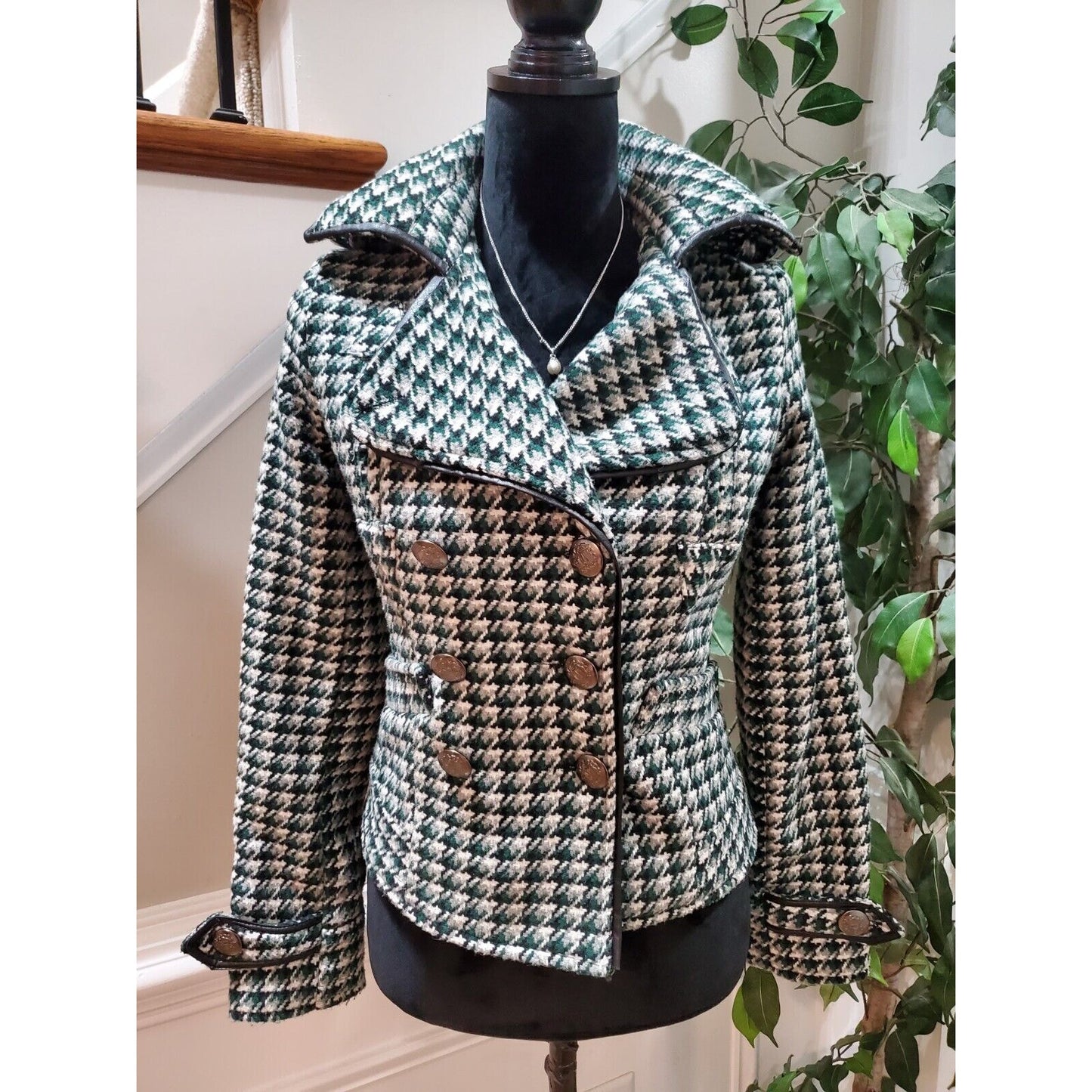 JOUJOU Women's White & Green Polyester Double Breasted Long Sleeve Coat Size XS