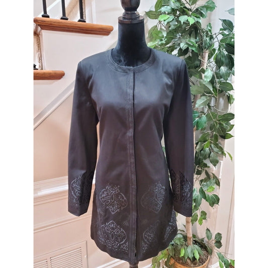 Peter Nygard Women's Black Embroidered Long Sleeve Button Front Jacket Size 12