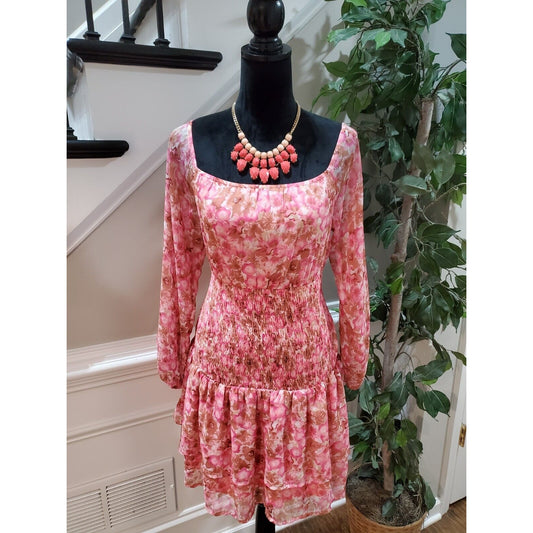 Vero Moda Women Pink Floral Polyester Scoop Neck Long Sleeve Knee Length Dress L