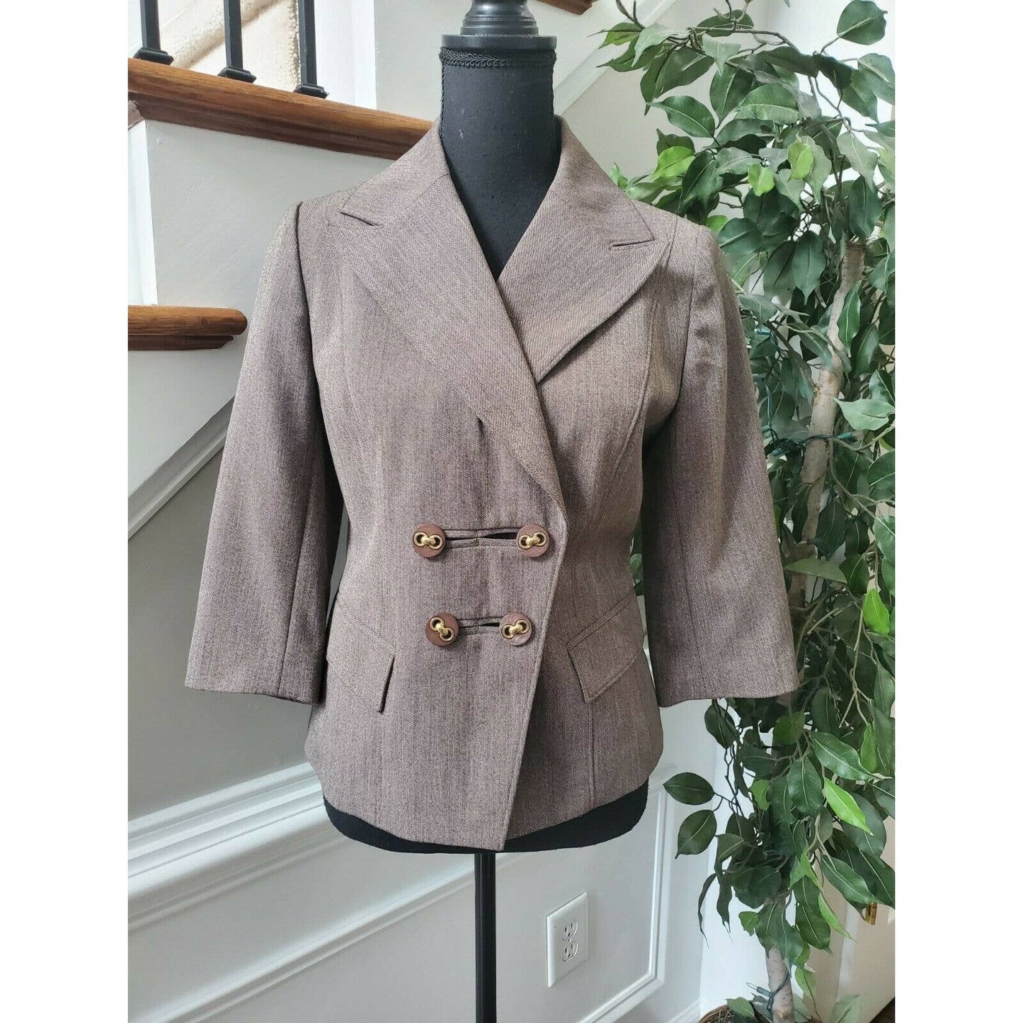 Josephine Womens Gray Polyester & Rayon Collared Button Long Sleeve Blazer