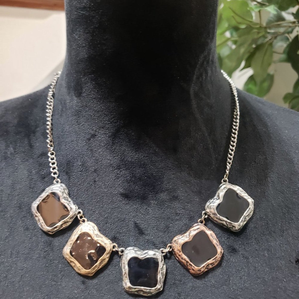 Black Gem Stones Square Clear Glass Gold Tone Statement Necklace with Earings