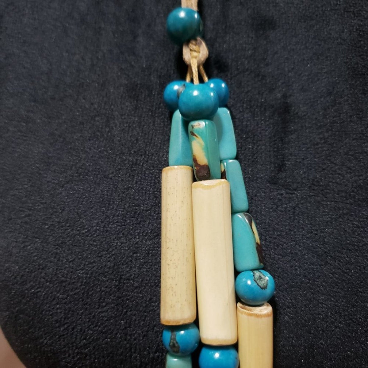 Womens Fashion Triple Strand Artificial Blue & Beige Tibetan Beaded Necklace