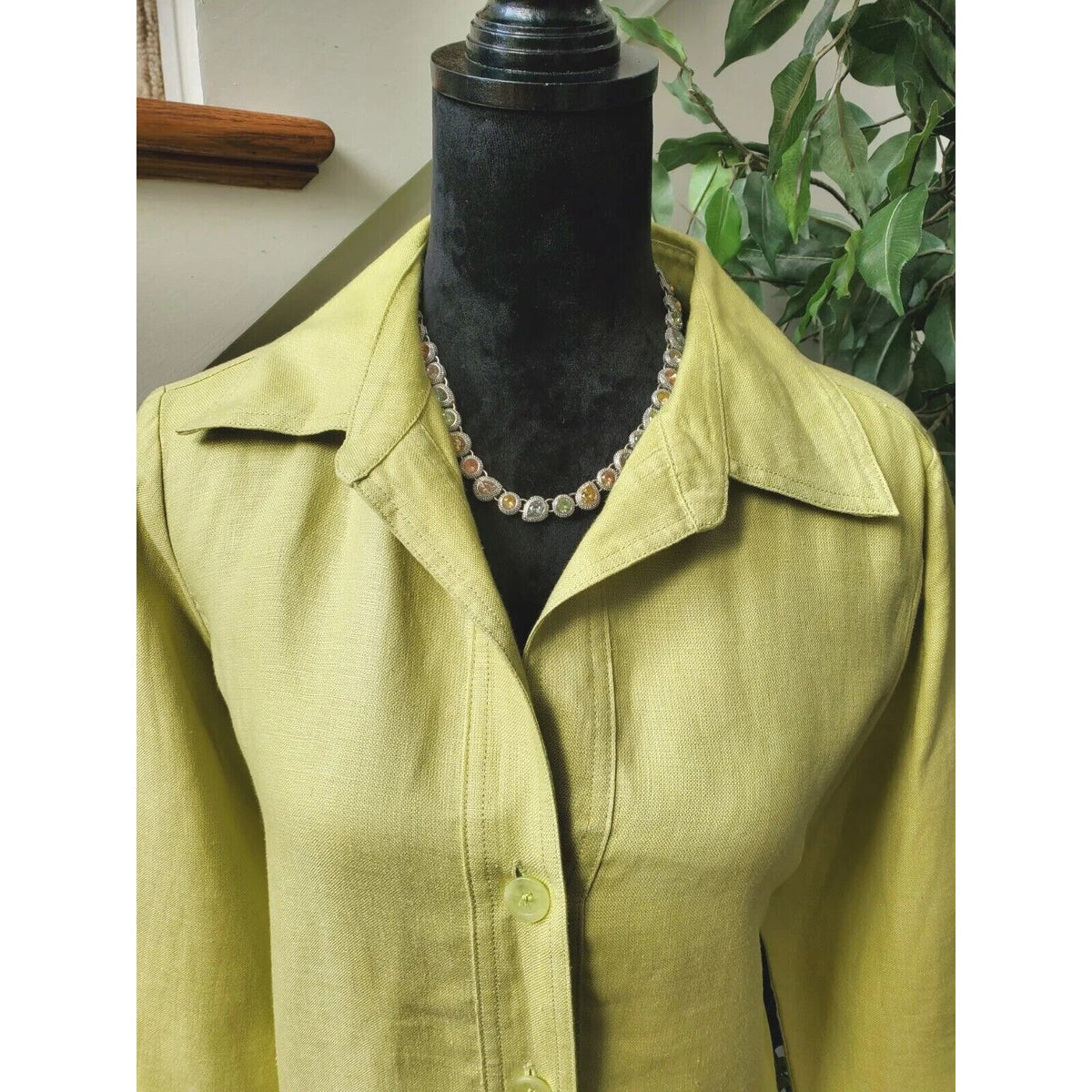 Rafaella Women's Green 100% Linen Collared Long Sleeve Button Front Jacket 10