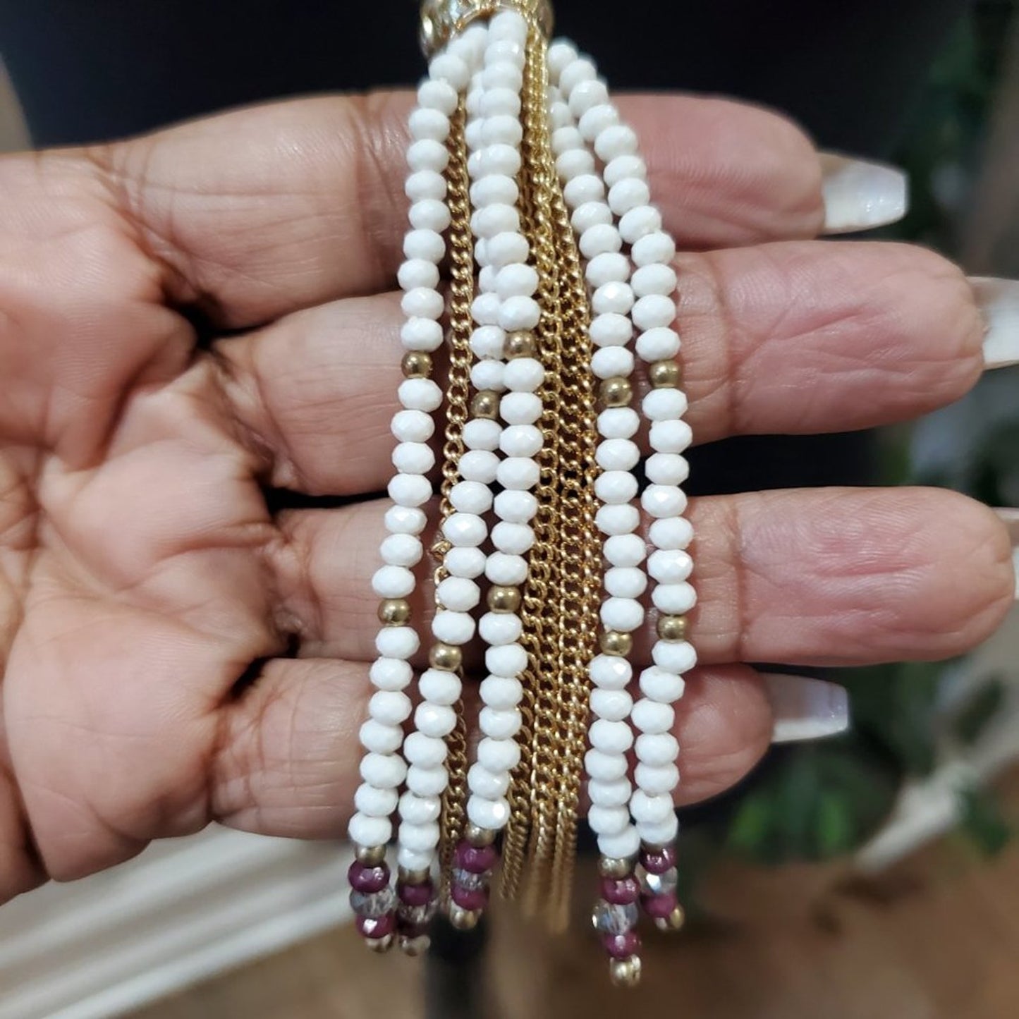 Women's Red & White Long Tassel with Lobster Clasp Pendant Necklace