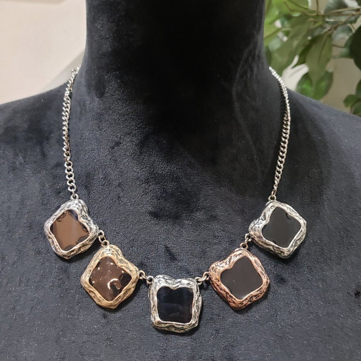 Black Gem Stones Square Clear Glass Gold Tone Statement Necklace with Earings