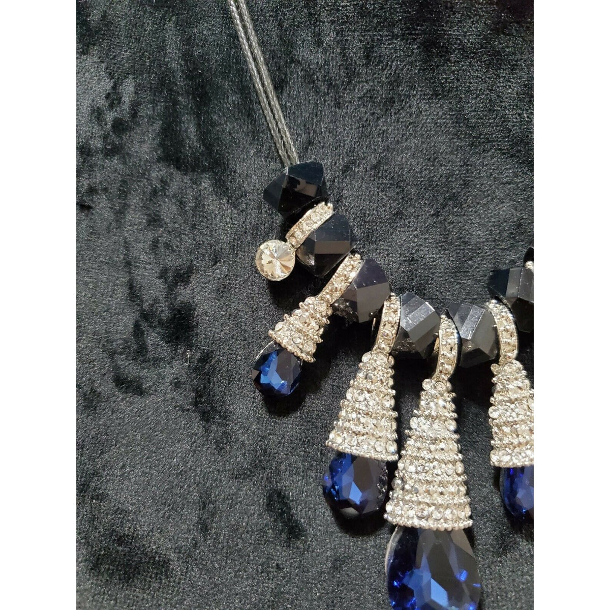 Statement Necklace w/ Sapphire Blue Crystals Black Beads & Rhinestone Accents