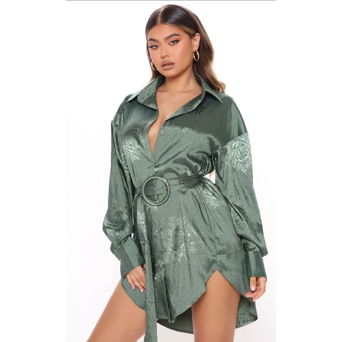 Fashion Nova "You Better Work" Green Polyester Long Sleeve Knee Length Size XL
