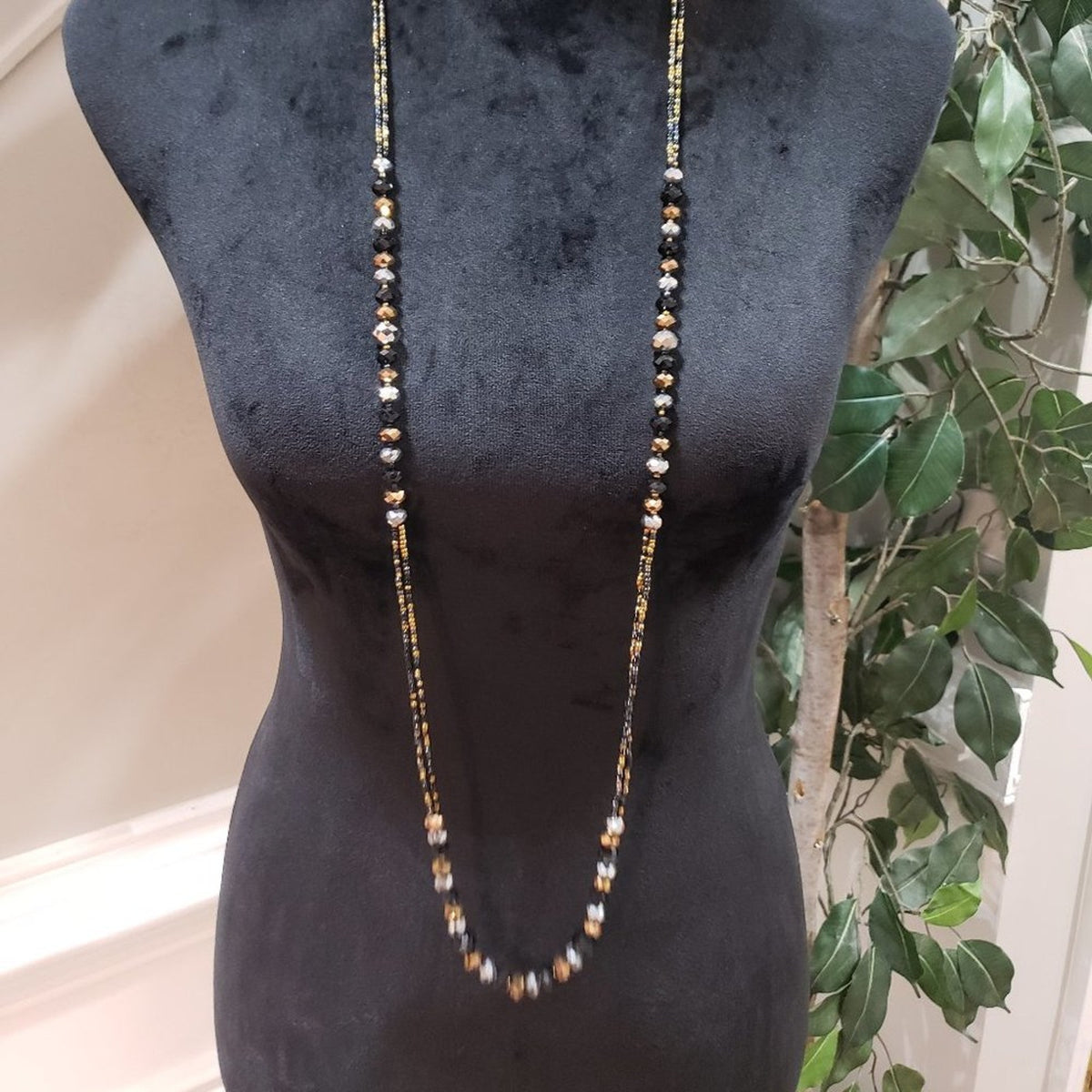 Women's Black Cube Round & Crystal Beaded Fashion Long Necklace