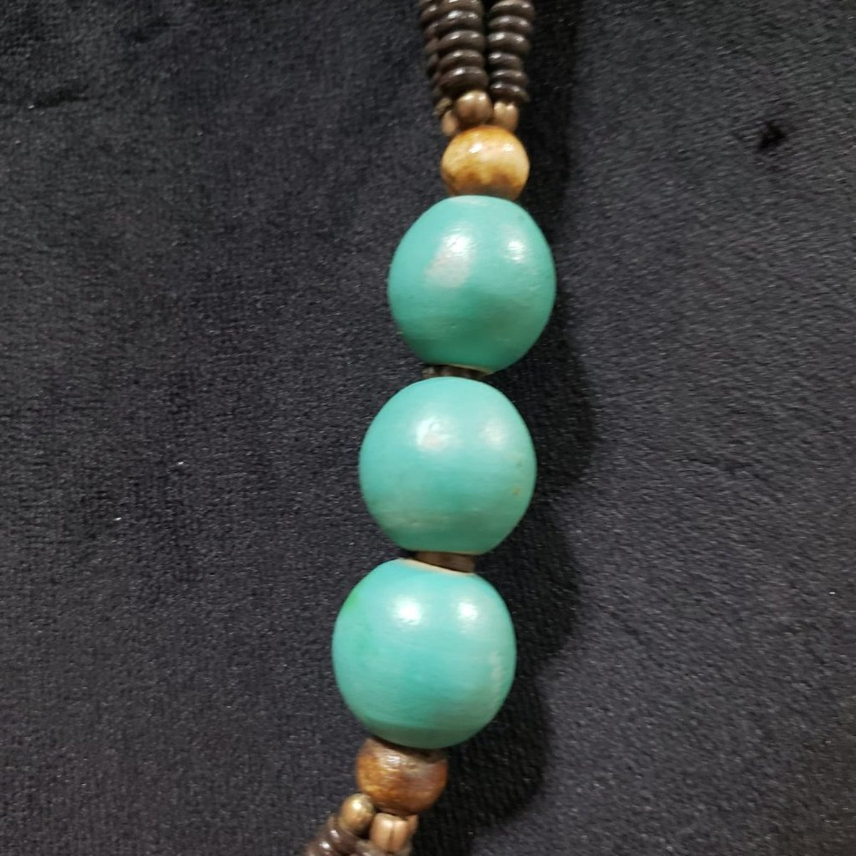 Women’s Beaded Strand Necklace Blue & Brown Large Wood Beads Statement