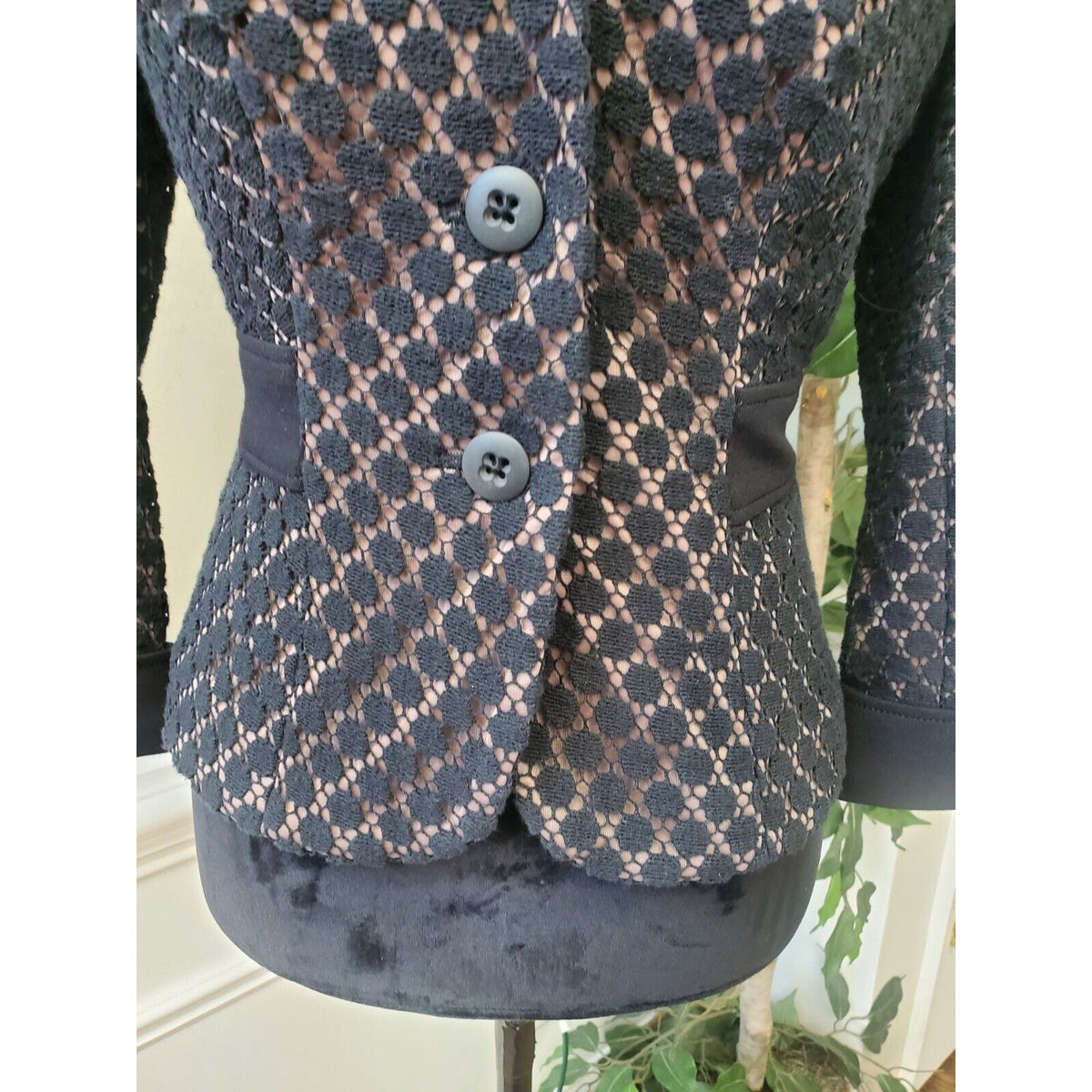 Kay Unger Womens Black Cotton 3/4 Sleeve Crochet Swiss Dot Stretch Blazer Size 6