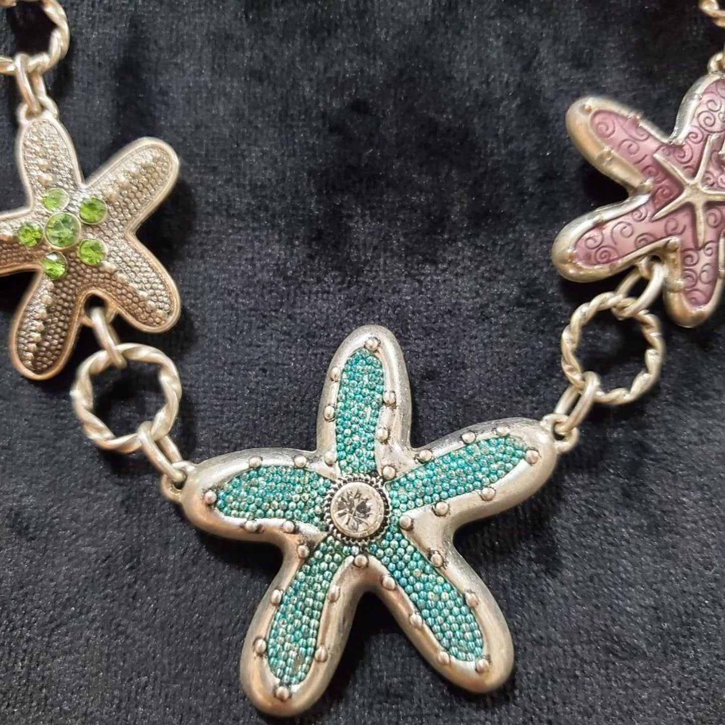Women's Triple STARFISH Silver Tone Necklace Aquamarine Textured Rhinestones Cry