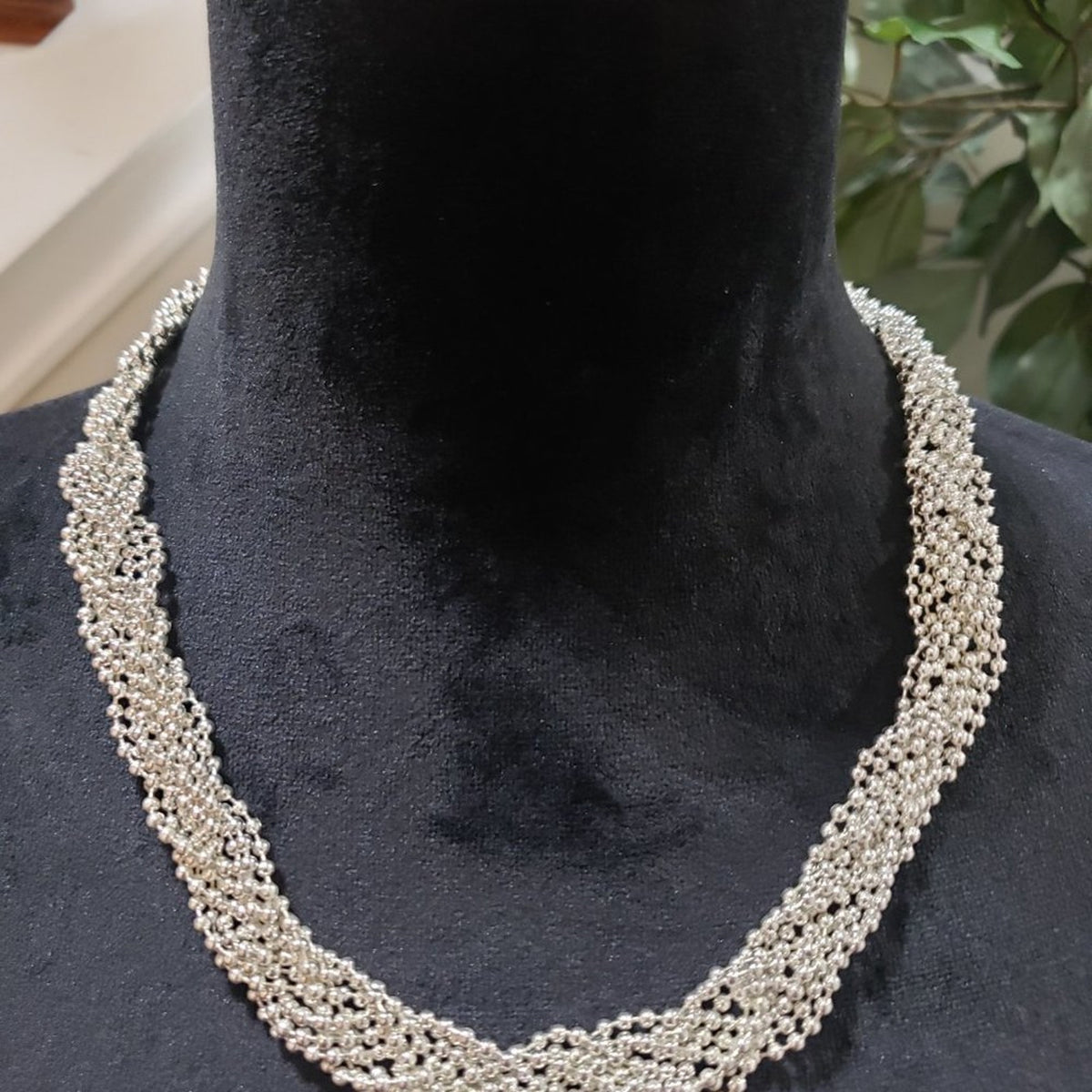 Silver Twisted Braided Spiral Multi Strand Pearl Bead Choker Collar Necklace