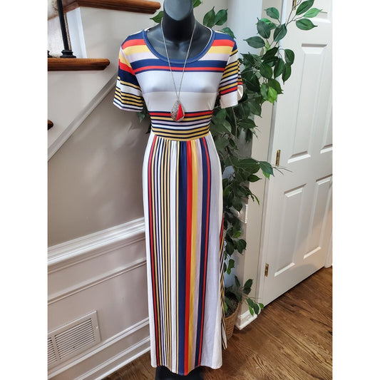 Women's Multicolor Striped Cotton Round Neck Short Sleeve Casual Maxi Dress S