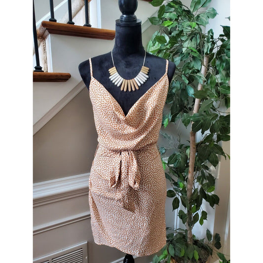 Womens Beige & Brown Polyester V-Neck Sleeveless Casual Knee Length Dress Size M