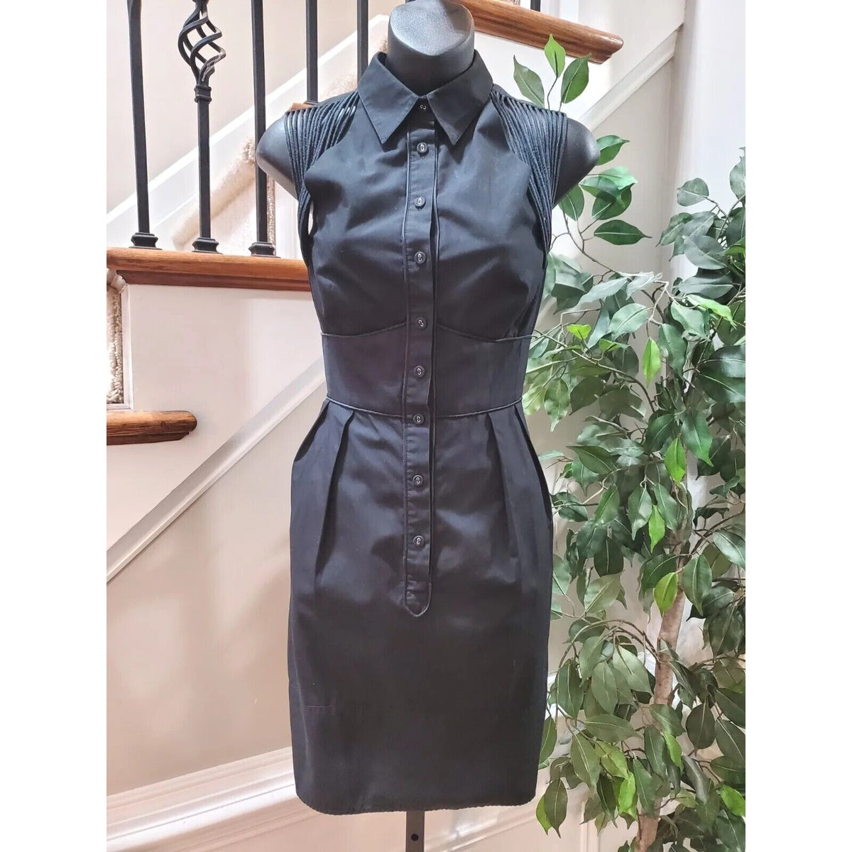 Nanette Lepore Women Black Solid Collared Sleeveless Casual Knee Length Dress 6