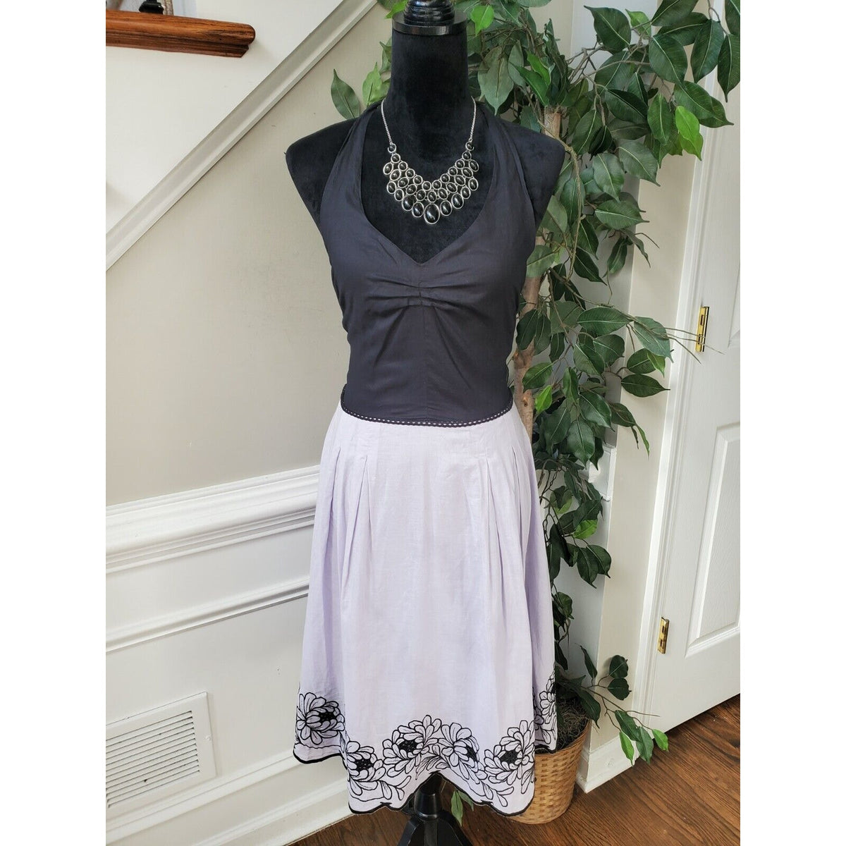 Paraphrase Womens Gray & Black Cotton Halter Neck Sleeveless Knee Length Dress 8