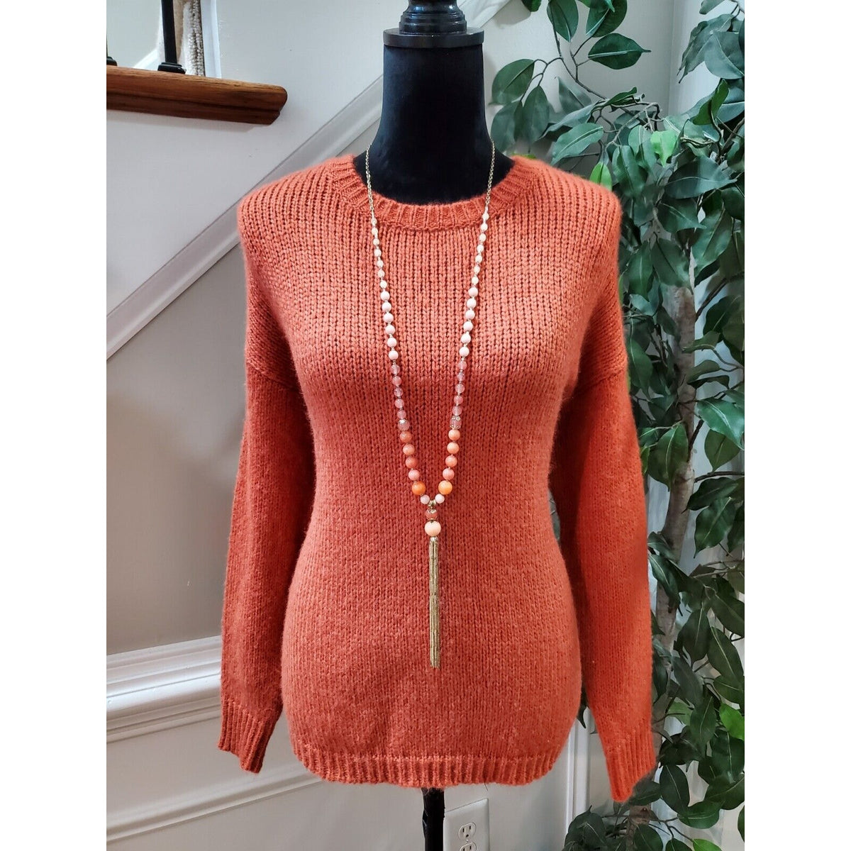 Cotton Emporium Women Orange Long Sleeve Round Neck Pullover Knit Sweater Small
