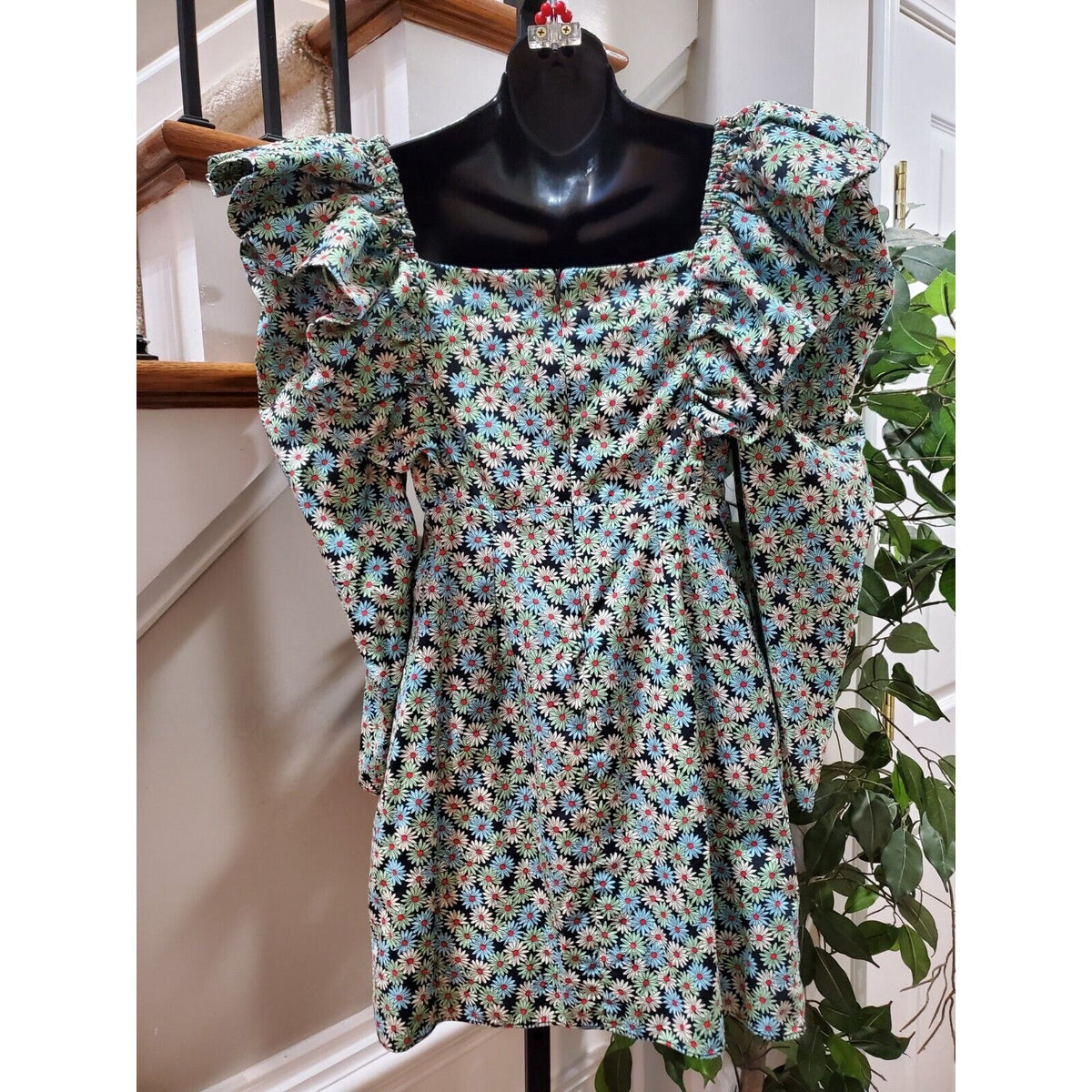 Zara Trf Poplin Daisy Puffy Balloon Shoulders Long Sleeve Knee Length Dress S