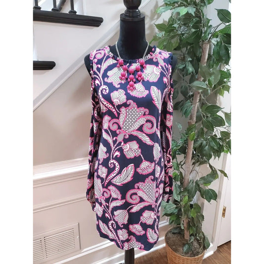 Crown & Ivy Women Blue Floral Rayon Round Neck Cold Shoulder Knee Length Dress L