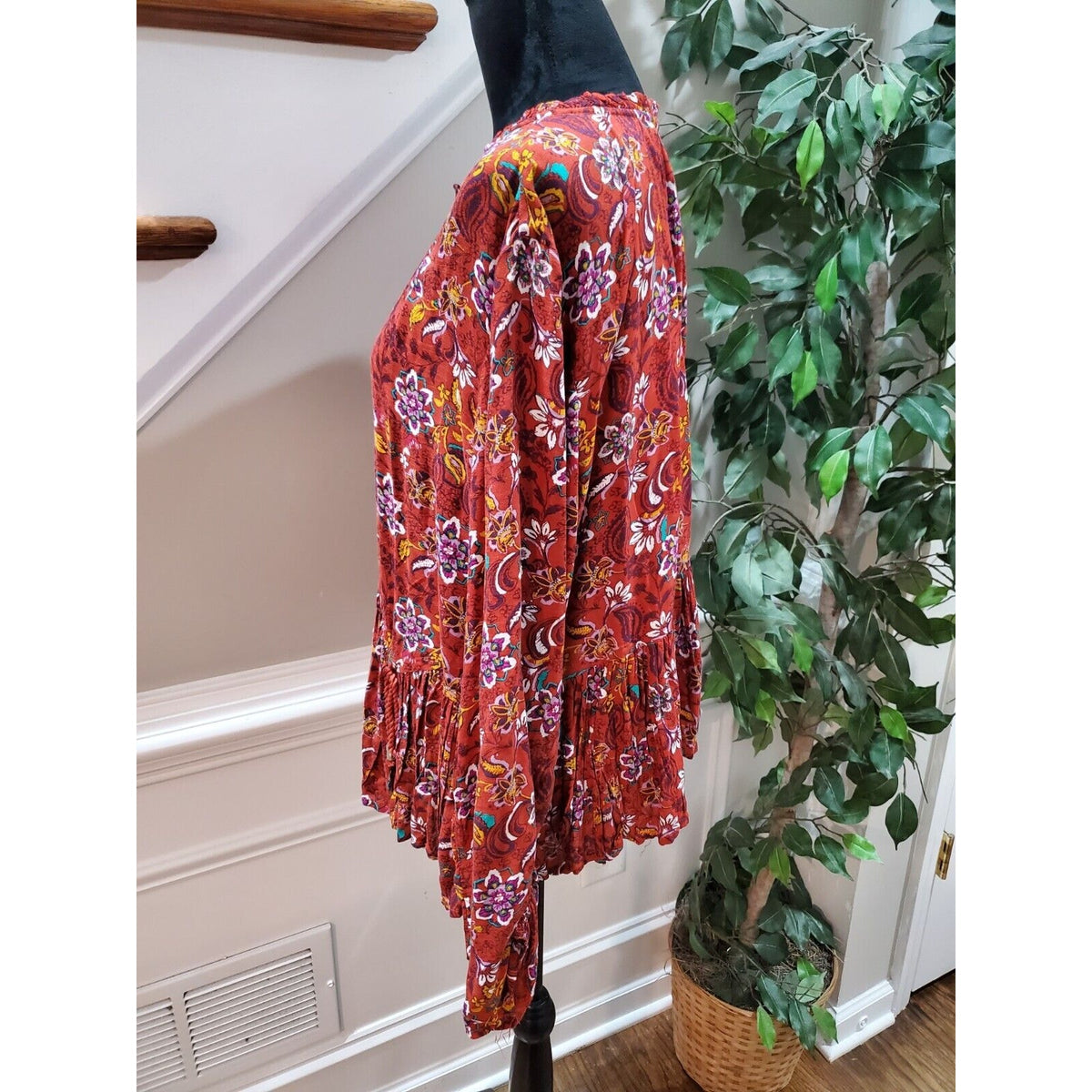 Women Brown Floral 100% Viscose Round Neck Long Sleeve Casual Top Blouse Size XL