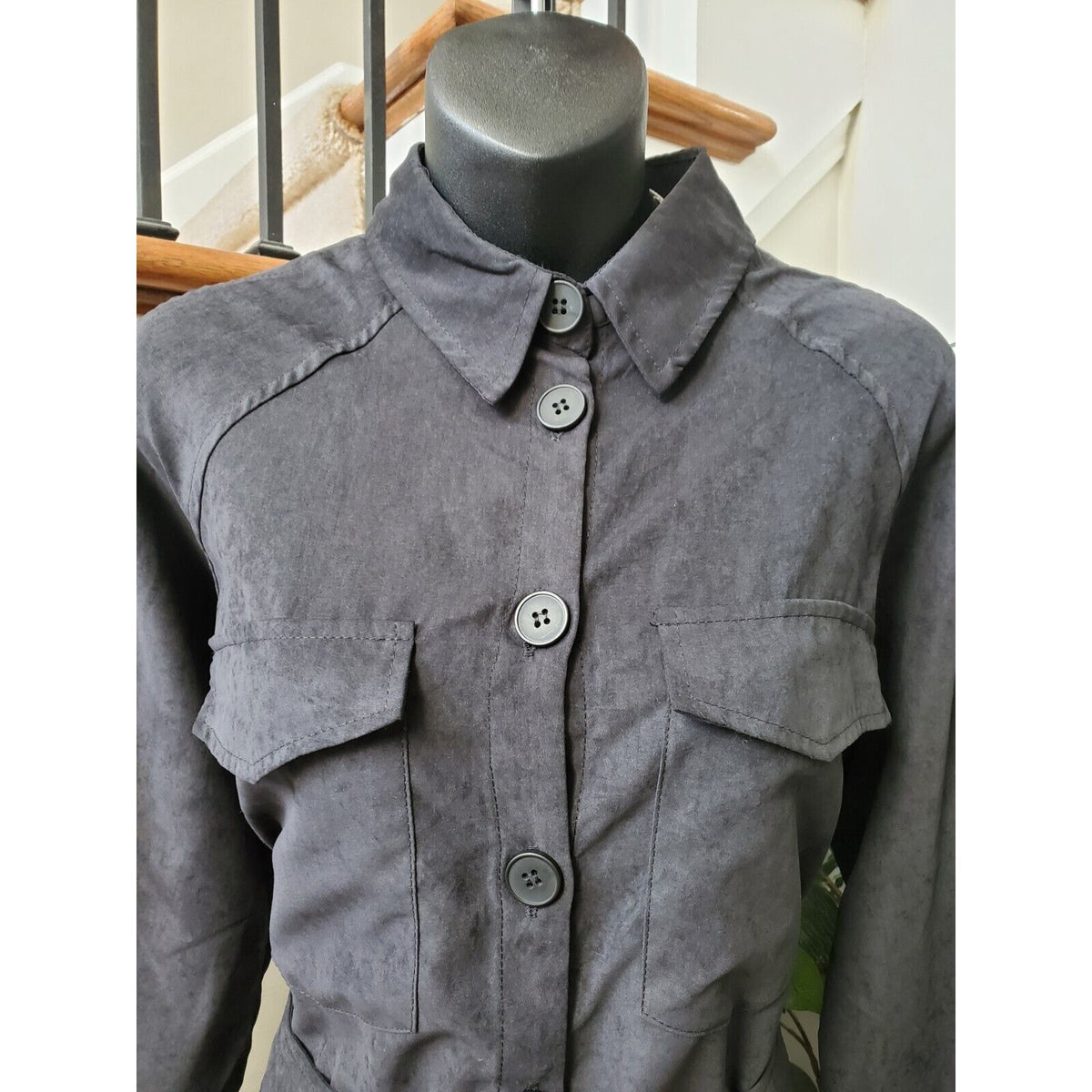 Noblemoon Womens Blk Polyester Long Sleeve Collared Button Down Shirt Jacket XL