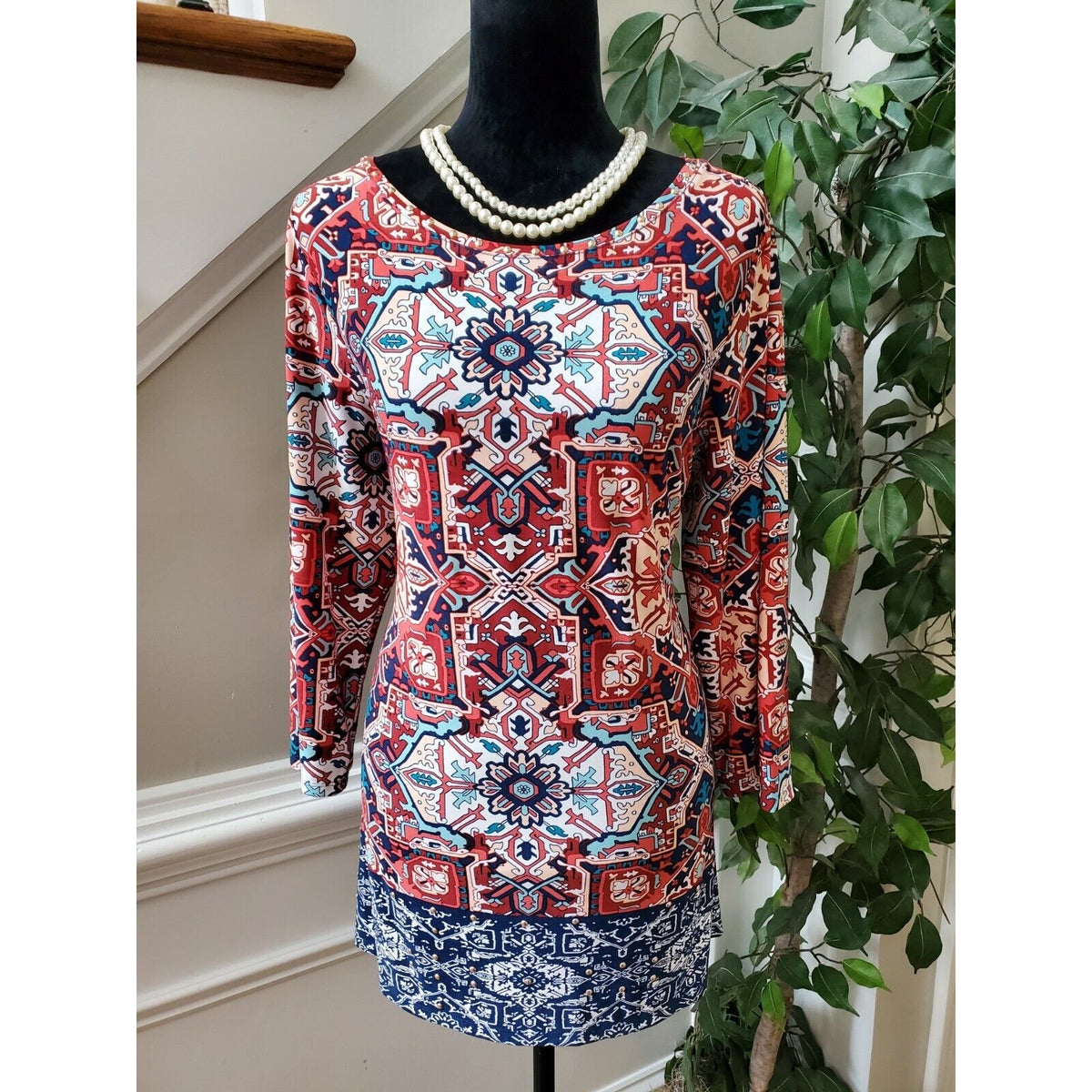 Ruby Rd. Women Multicolor Polyester Round Neck Long Sleeve Top Blouse Size Large