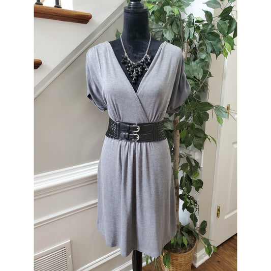 Delirious Gray Belted Polyester V-Neck Short Sleeve Knee Length Dress Size Large