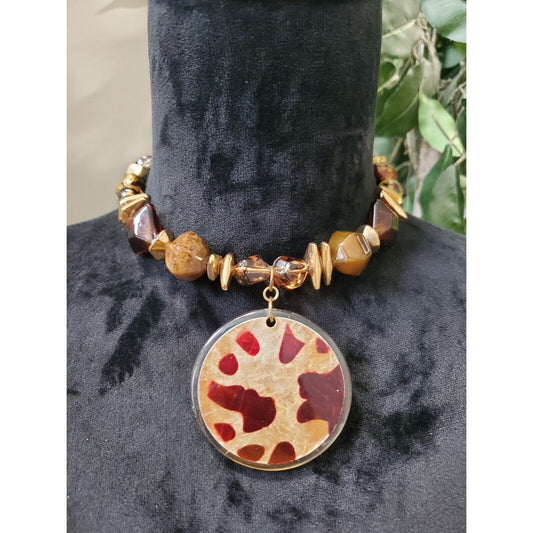 Faux Tortoise Choker, Gold and Red Statement Necklace, Animal Print Necklace