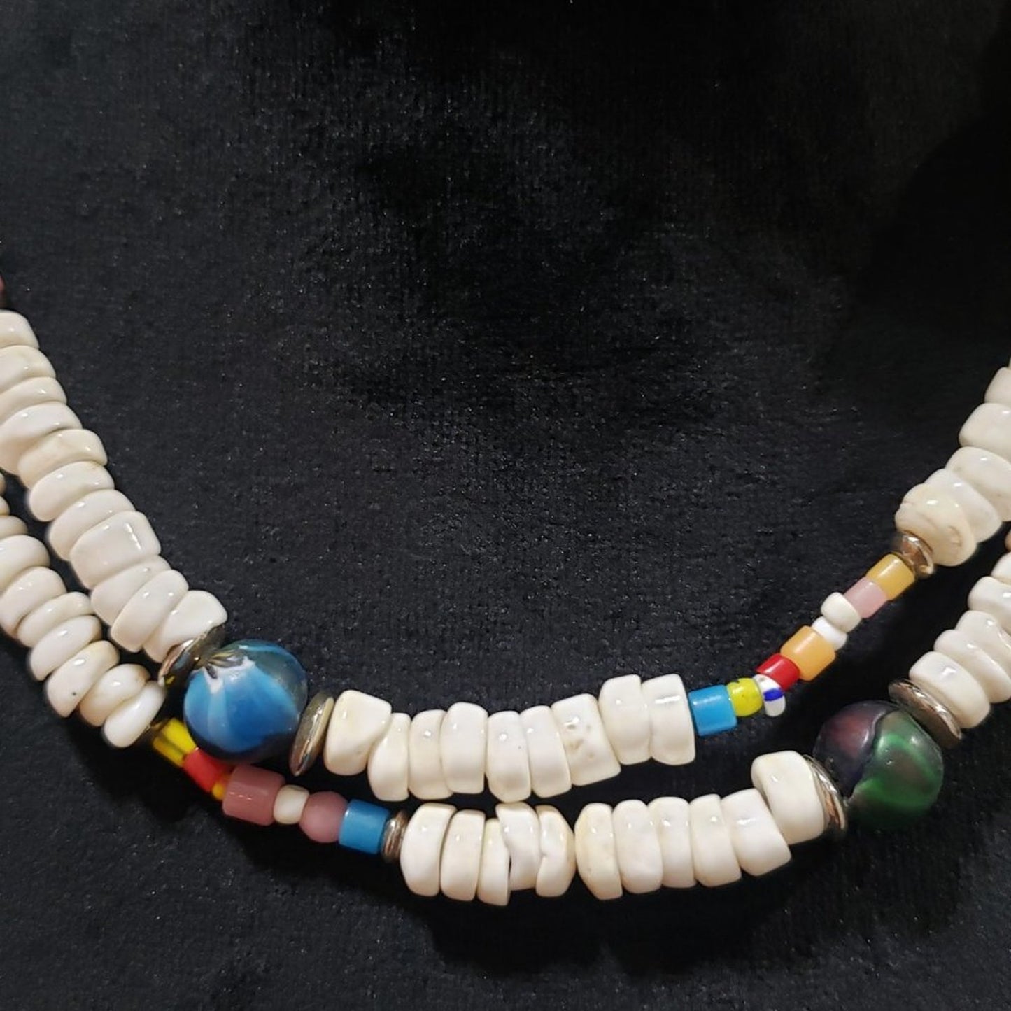 Boho Art Glass Beads, Faux Pearl Beaded Confetti Layer Long Teardrop Necklace