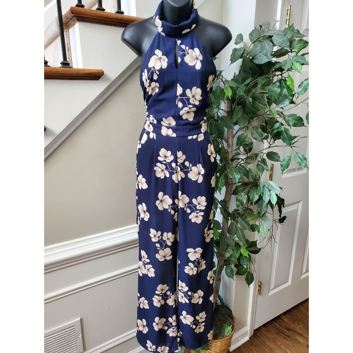 Sienna Sky Women Blue Floral Polyester Sleeveless Halter Neck Casual Jumpsuit S
