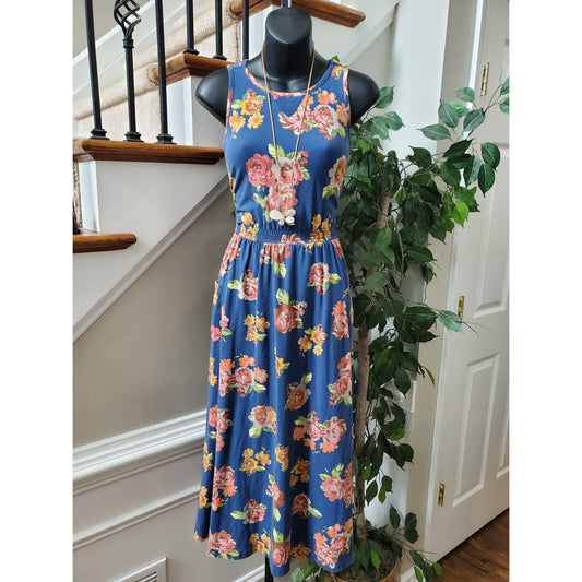 Joanna Gaines Womens Blue Floral Sleeveless Round Neck Knee Length Dress Size 10