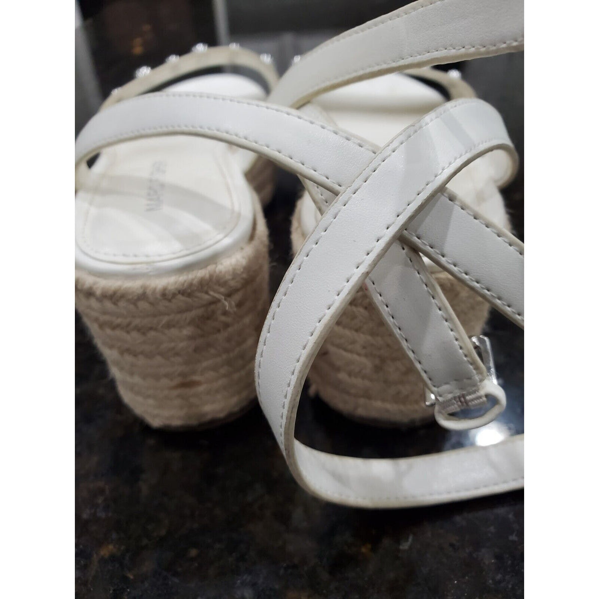 Marc Fisher Joyce Silver Studded Platform Espadrille Sandals White Women Size 7M