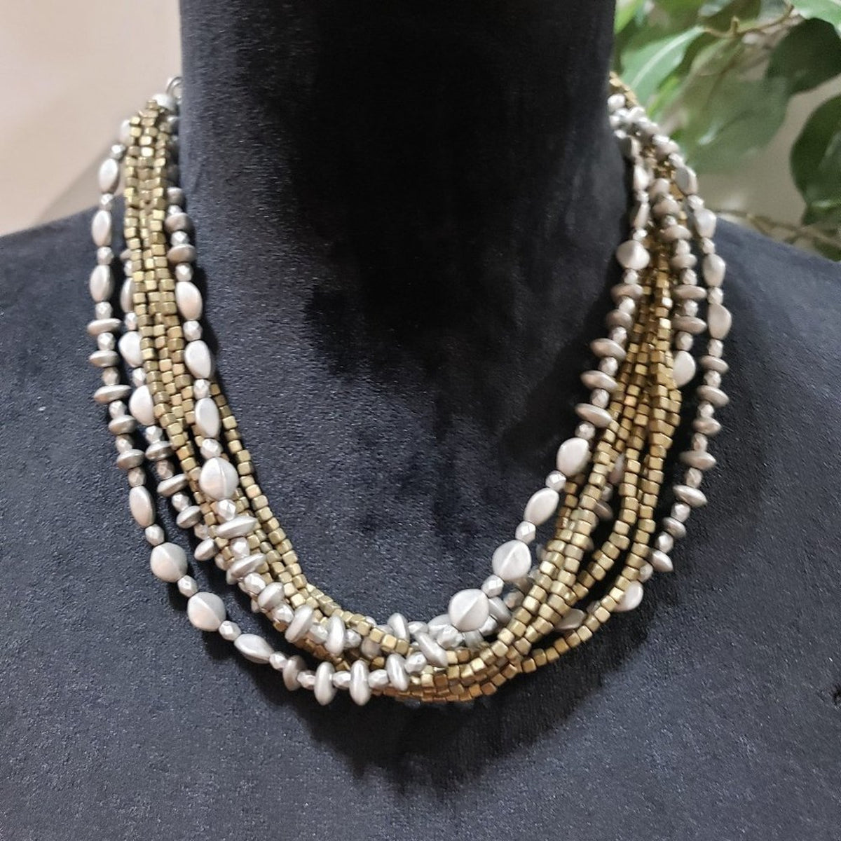 Vintage Boho Multi Strand Necklace Dark Brown Bronze & Silver Bead Choker