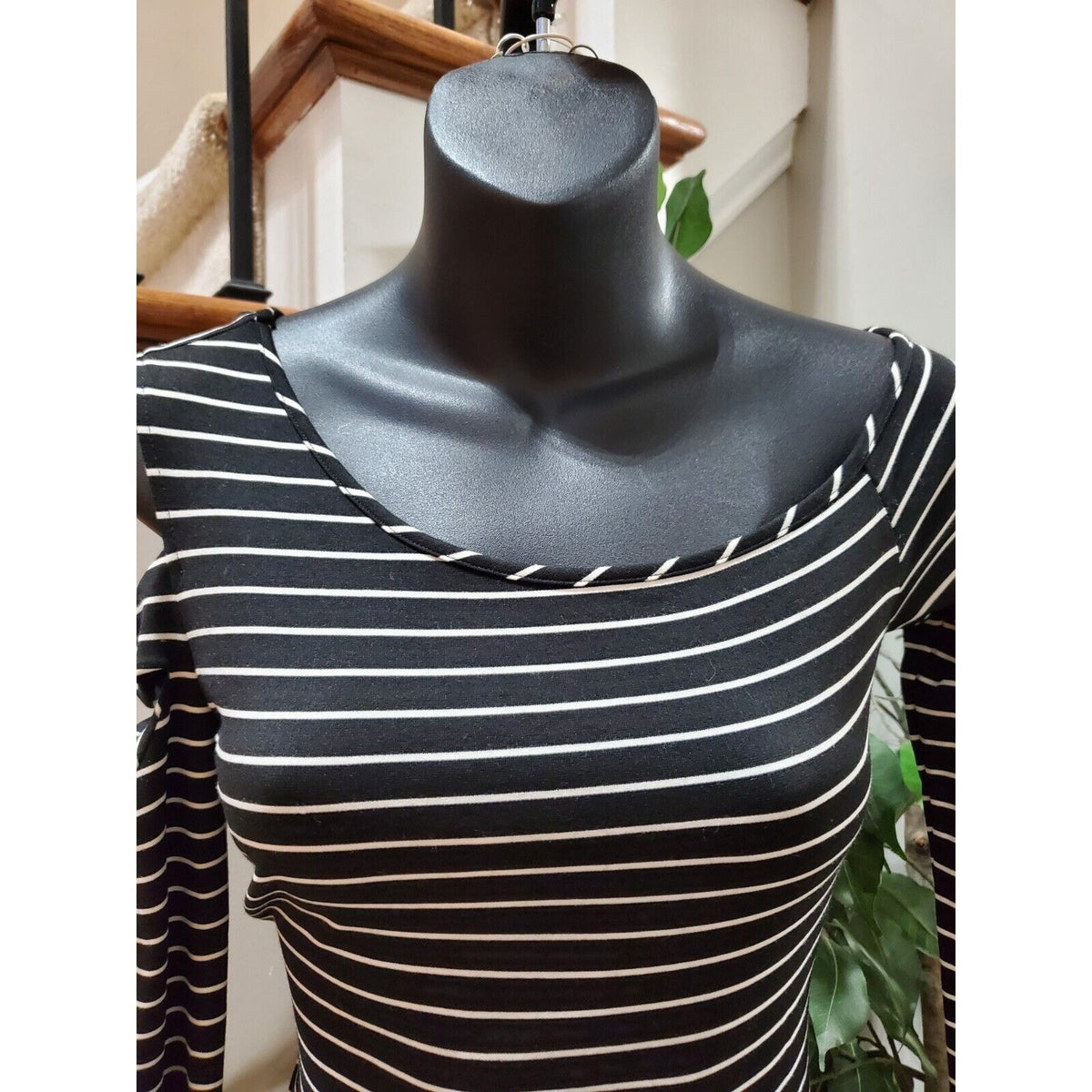 Torn by Ronny Kobo Off Shoulder Black Striped CutOut Sleeve Knee Length Dress XS