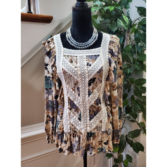 Entro Women's Beige Floral 100% Rayon Square Neck Long Sleeve Top Blouse Size S