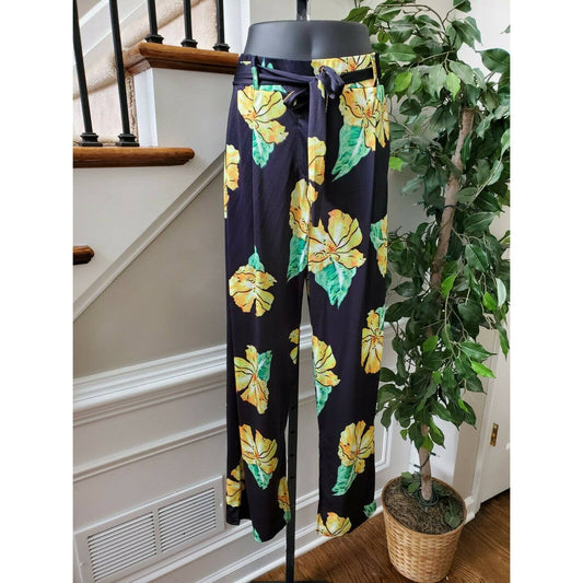 Black Floral Women's Adjustable Waist Polyester High Rise Pull on Wide Leg Pants