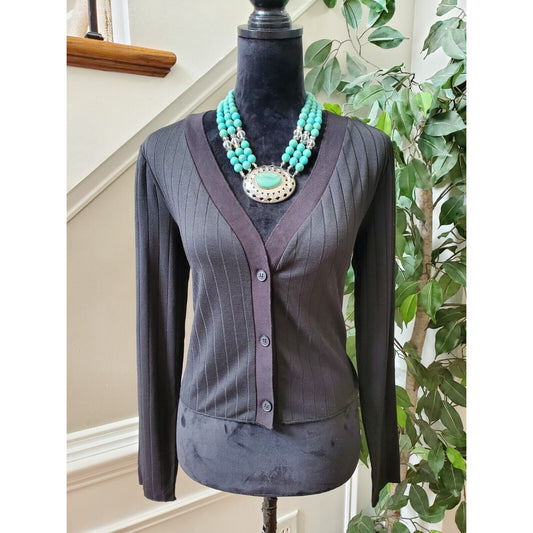 Elodie Cropped Black Polyester Long Sleeve Button Front Knit Cardigan Sweater L