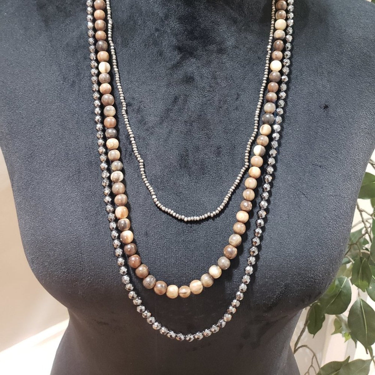 Womens Fashion Triple Strand Silver Tone Beads Brown Woooden Beads Long Necklace