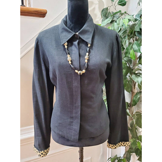 Nina Leonard Women Black Linen Collared Long Sleeve Casual Button Down Shirt L