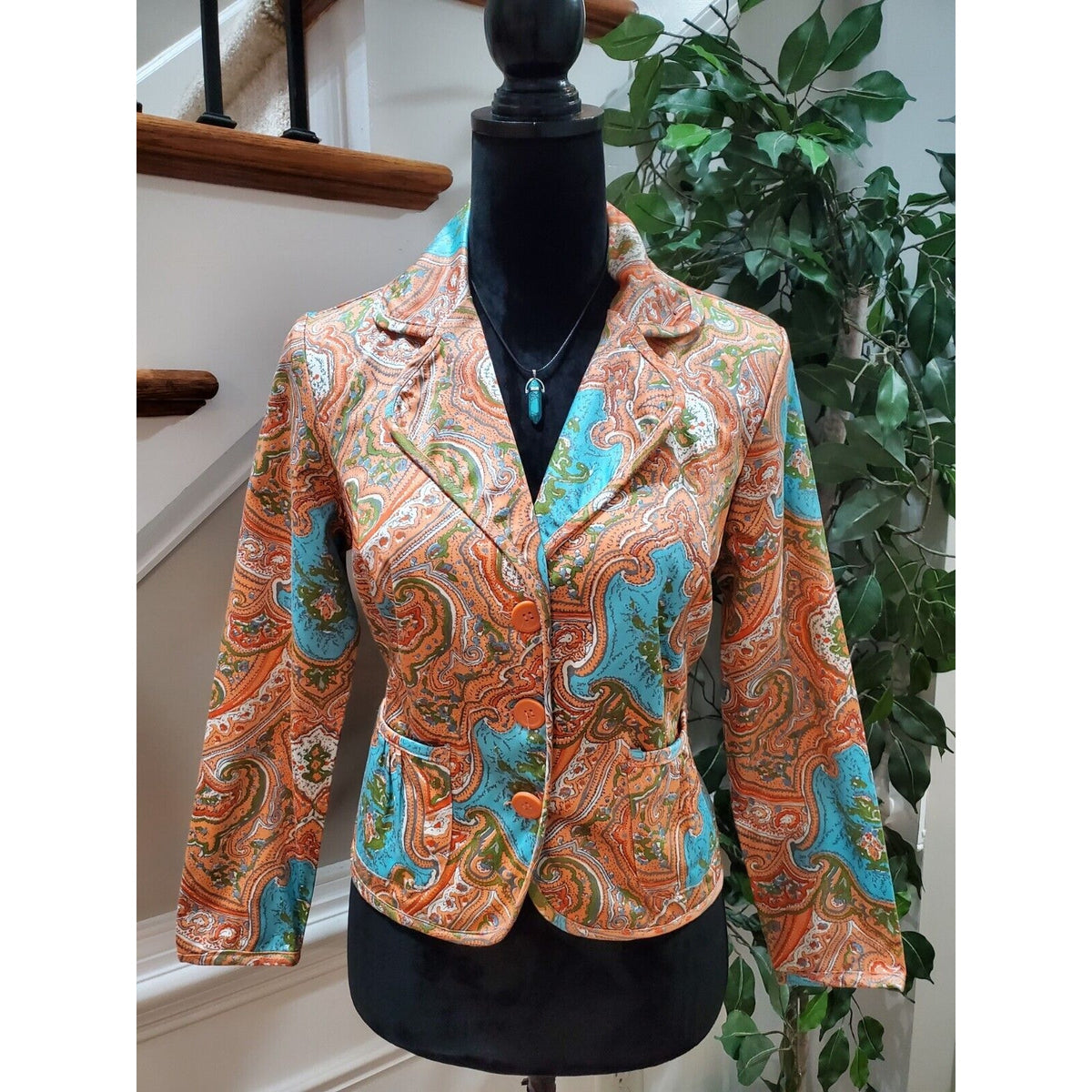 A.M.I. Women's Multicolor Paisley Cotton Single Breasted Blazer Jacket Petite M
