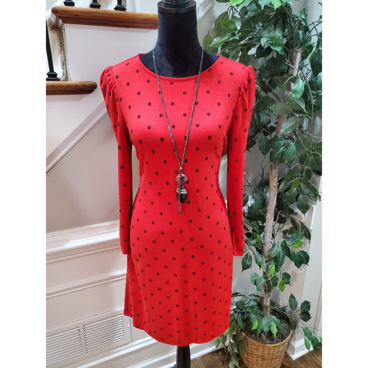 Old Navy Women's Red Polka Dot Rayon Round Neck Long Sleeve Knee Length Dress S