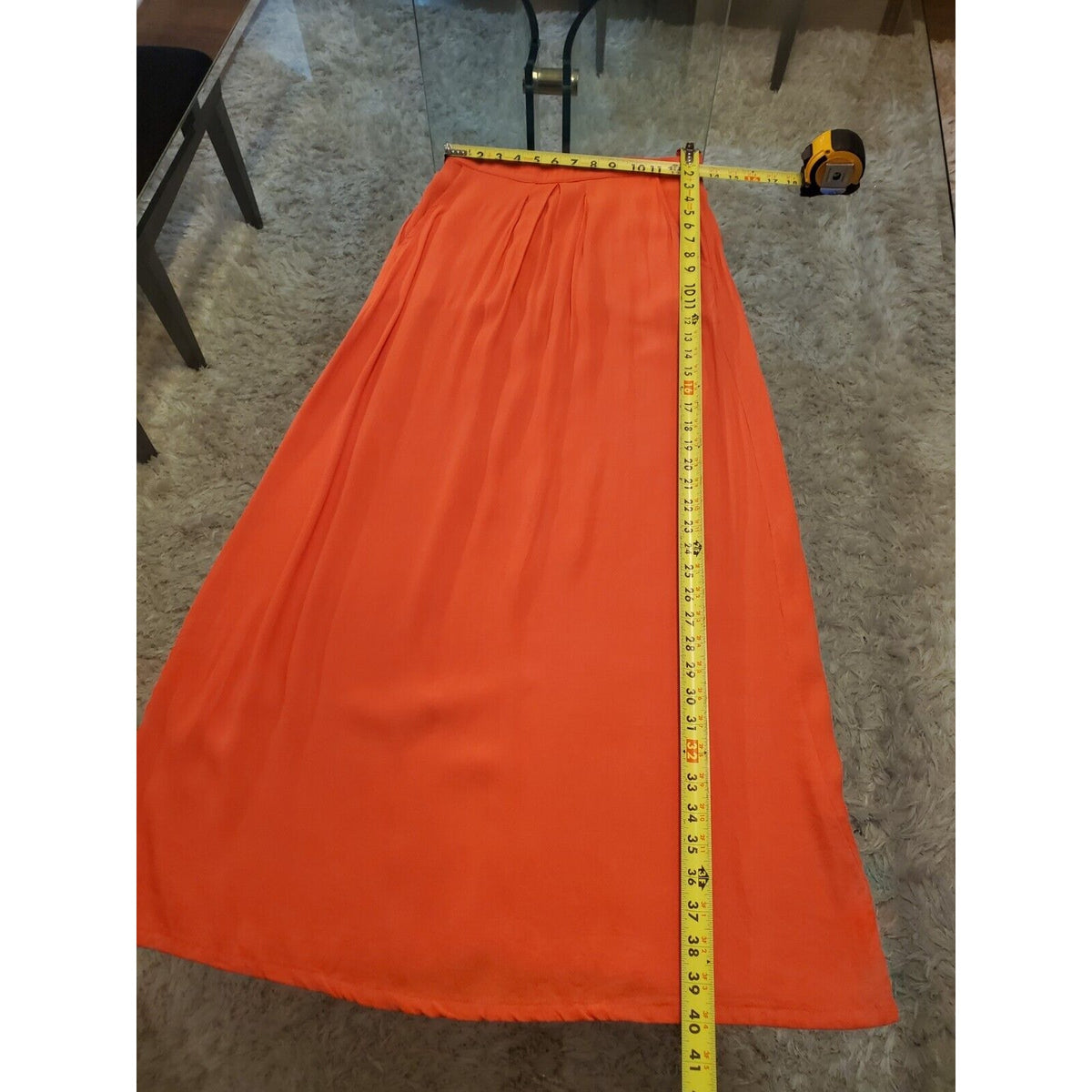 Women's Orange Solid Rayon Side Pockets & Elastic Waist Long Skirt Size Small
