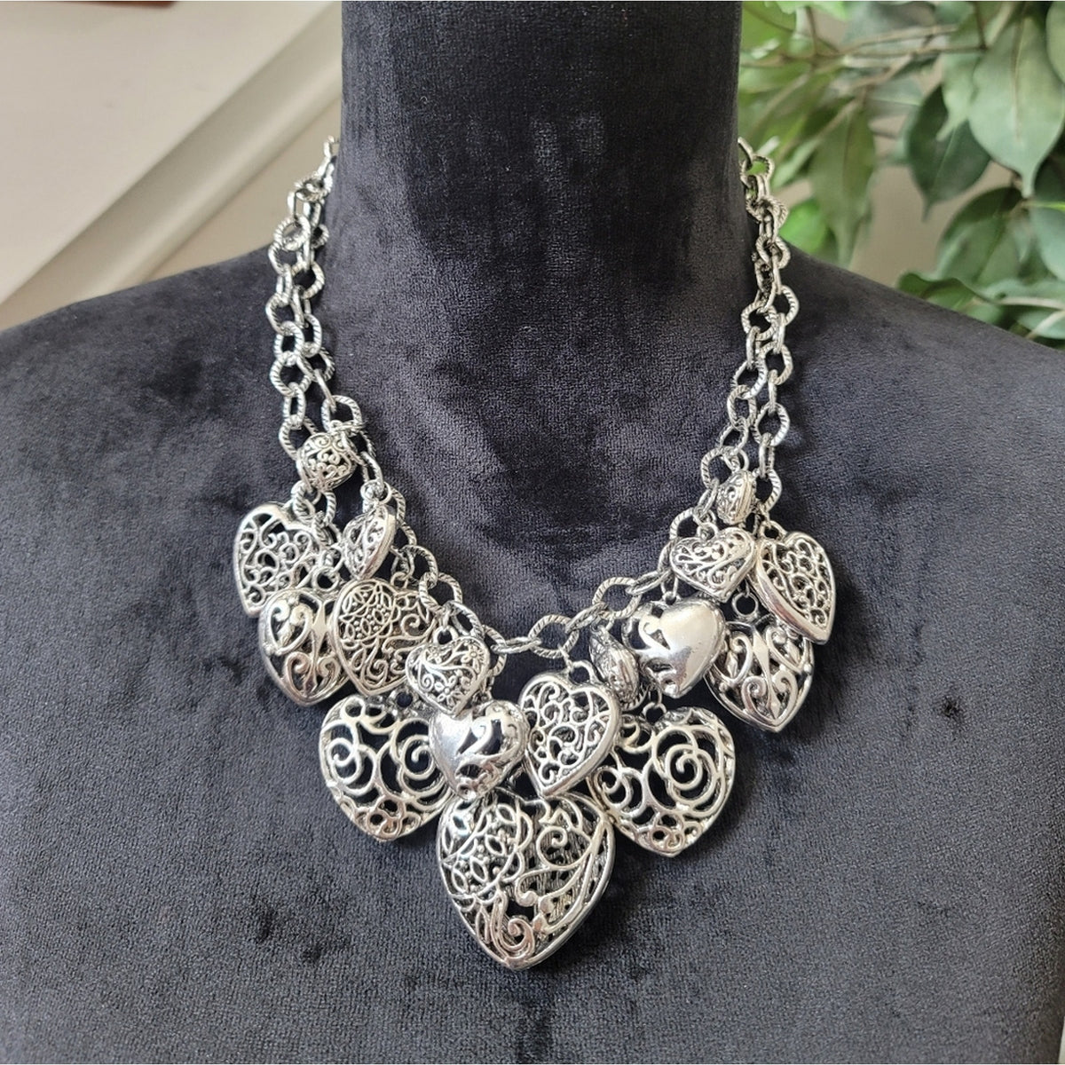 Silver Heart Double Layer Statement Necklace